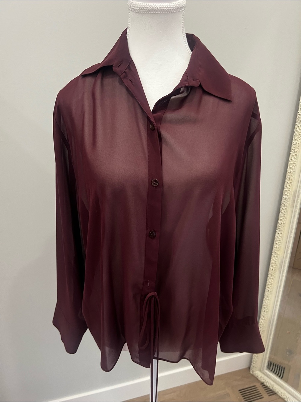 Zara Sheer Button-Down Shirt in Burgundy Wine